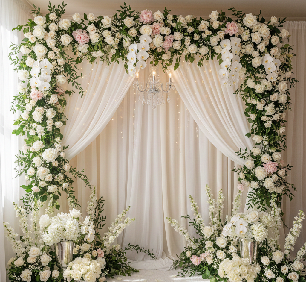 Elegant wedding backdrop with floral arrangements